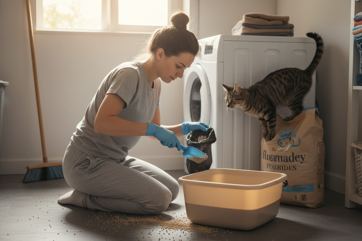 make a image of a woman having to clean up cat litter