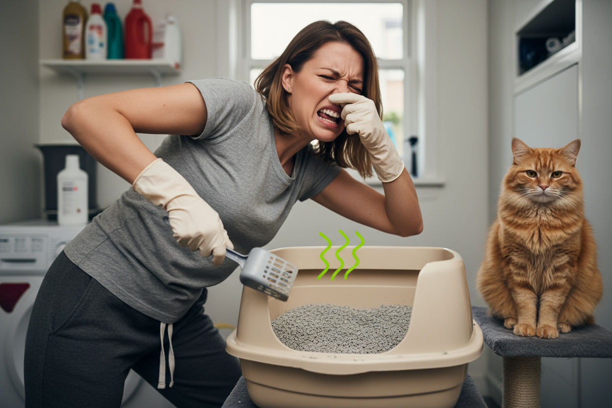 make an image of a girl in agony cleaning cat litter
